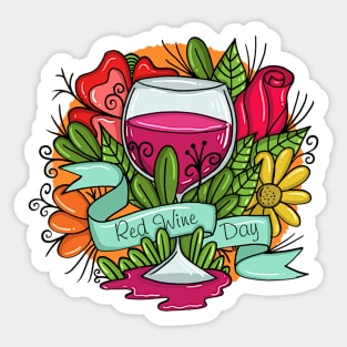 Retro Red Wine Day, floral arsty wine Sticker